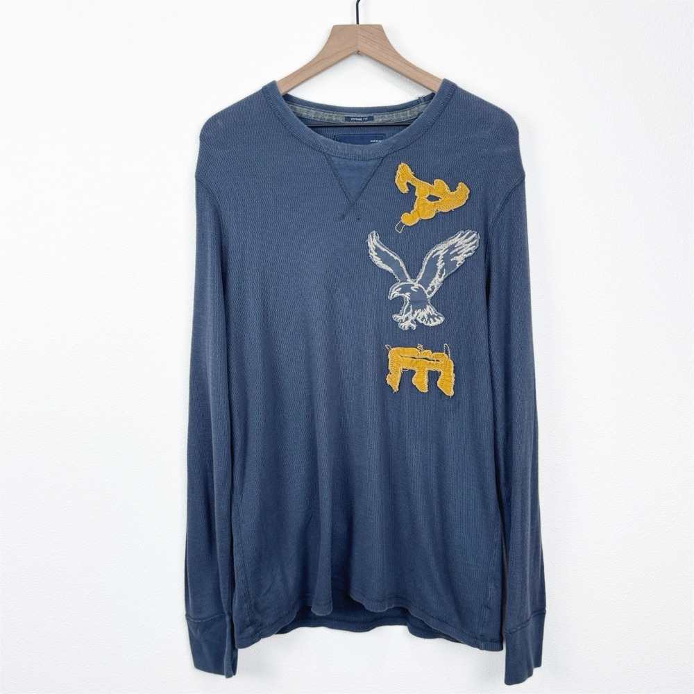 American Eagle Shirt Mens XL Blue Thermal Crewneck Vintage Fit Y2K Pullover‎